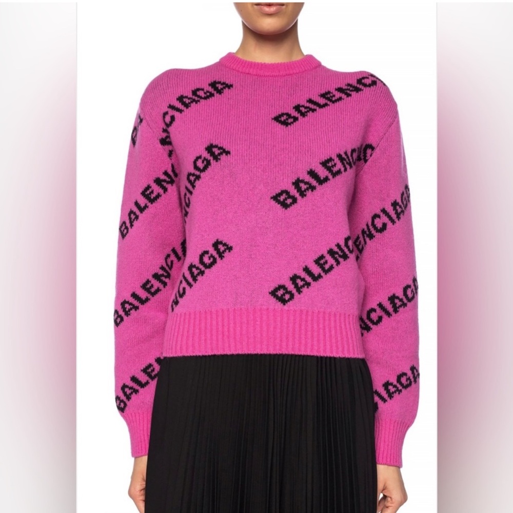 BALENCIAGA Hot Pink & Black Embroidered Logo Wool Sweater 555272
